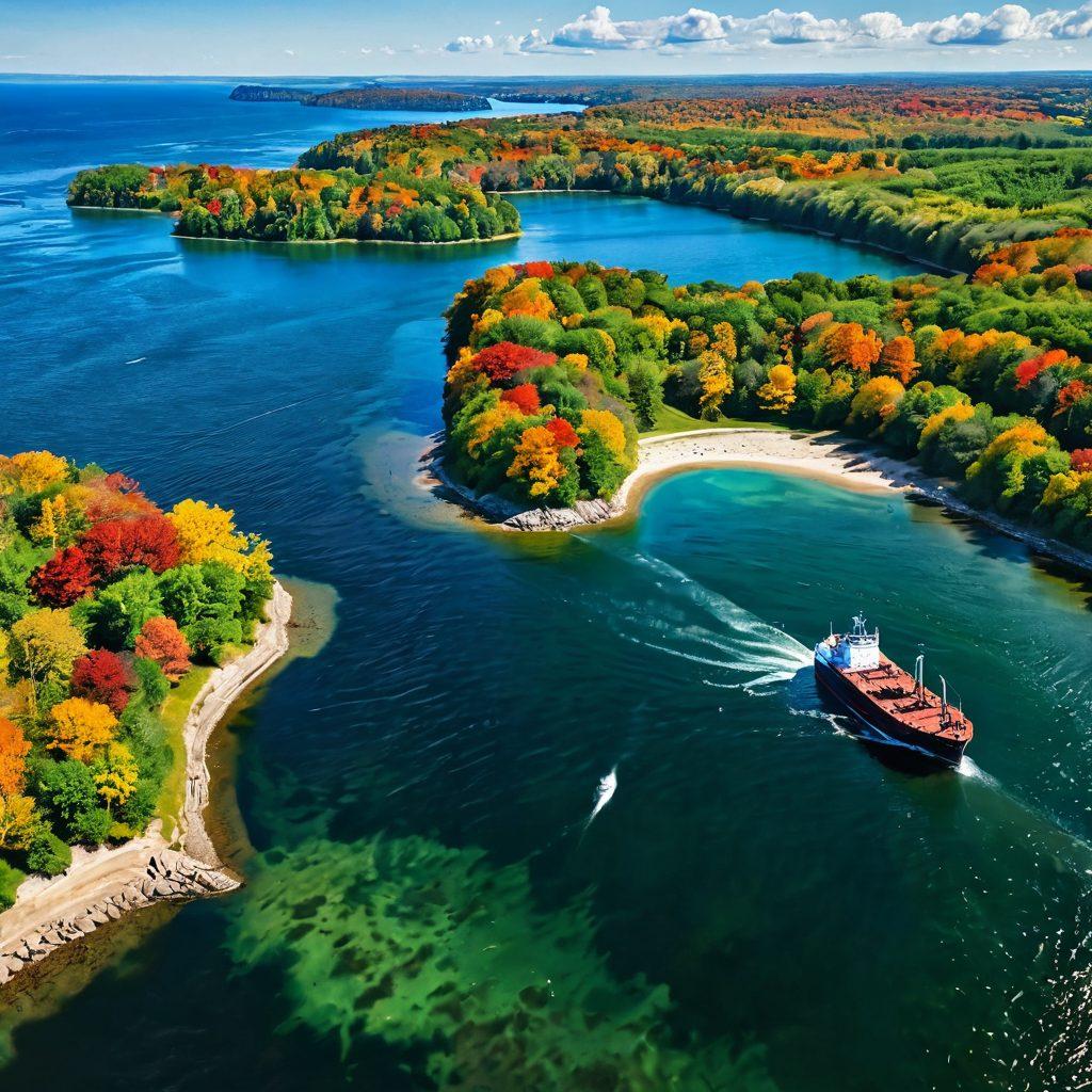 A scenic view of the Great Lakes with a cargo ship navigating through the waters, flanked by lush green shores and vibrant fall foliage. In the foreground, a compass and shipping maps spread out, symbolizing navigation and insights. The sky is a brilliant blue with fluffy clouds, conveying a sense of adventure and exploration. super-realistic. vibrant colors.natural beauty.