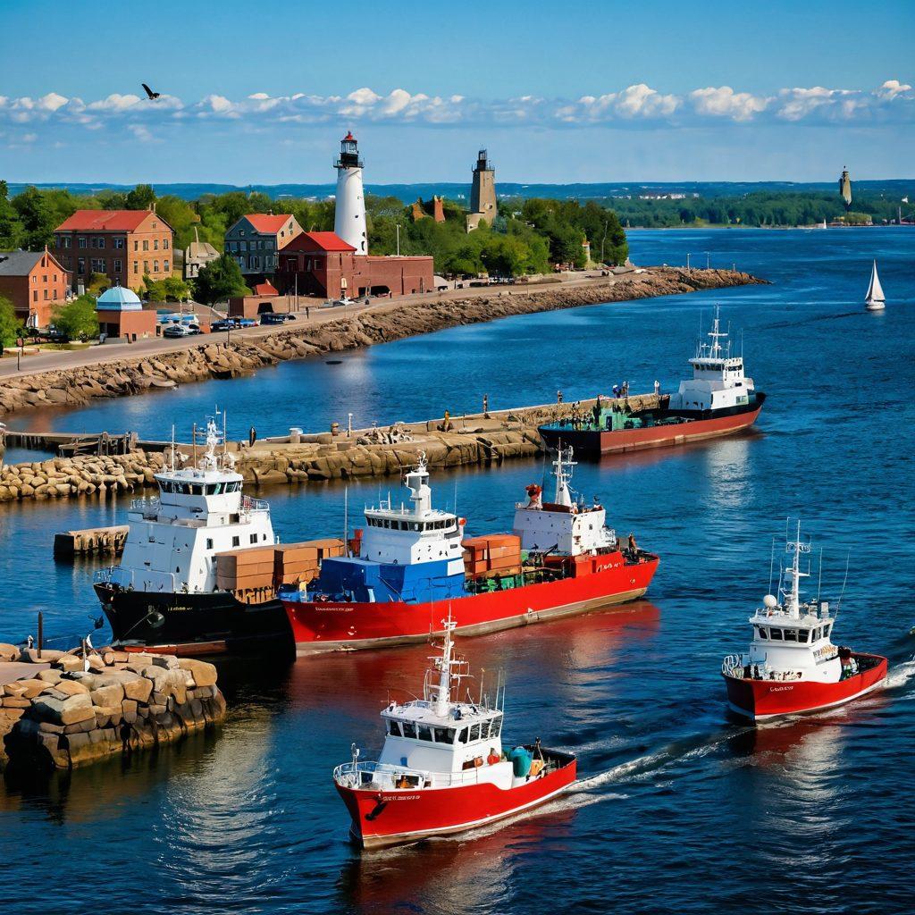 A vibrant harbor scene in Duluth showcasing a variety of ships, including cargo vessels and sailboats, navigating shimmering blue waters under a bright sky. Include elements like a lighthouse, seagulls in flight, and sailors with marine navigational equipment, embodying a blend of industry and the spirit of adventure. Capture the busy energy of the shipping industry and the beauty of the maritime landscape. super-realistic. vibrant colors. 3D.