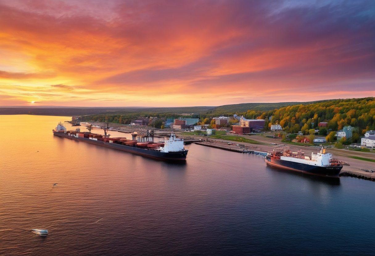 A breathtaking aerial view of Duluth's bustling harbor, showcasing cargo ships being loaded and unloaded against a backdrop of rolling hills. Include seagulls soaring overhead and a vibrant sunset casting golden hues over the water. Portray the maritime environment with fishermen at work and sailboats gliding peacefully. Enhance the image with a sense of movement and activity to capture the spirit of maritime news. super-realistic. vibrant colors. 3D.